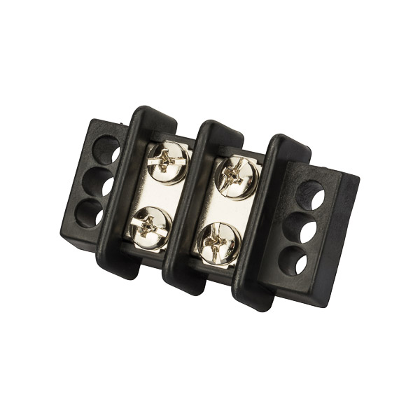 2 Circuit Double Row Terminal Block Terminal blocks are made from strong glass-filled polyester. Heavy duty construction with corrosion resistant terminal plates ensures dependable, easy access multiple termination block. Screws are #8 stud size. Rated for 30 amps and 600 volts maximum.