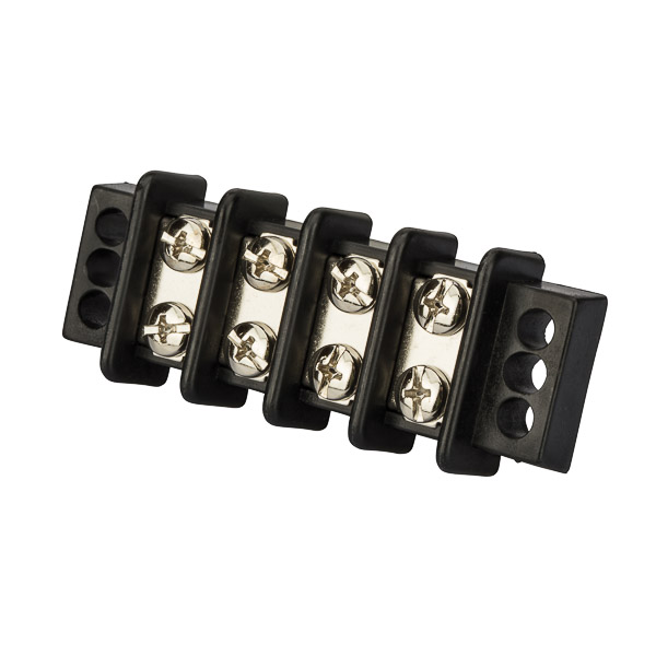 4 Circuit Double Row Terminal Block Terminal blocks are made from strong glass-filled polyester. Heavy duty construction with corrosion resistant terminal plates ensures dependable, easy access multiple termination block. Screws are #8 stud size. Rated for 30 amps and 600 volts maximum.