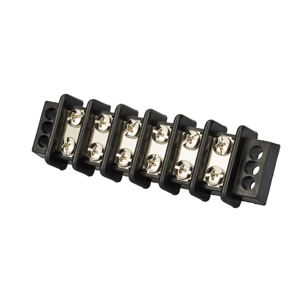 6 Circuit Double Row Terminal Block Terminal blocks are made from strong glass-filled polyester. Heavy duty construction with corrosion resistant terminal plates ensures dependable, easy access multiple termination block. Screws are #8 stud size. Rated for 30 amps and 600 volts maximum.