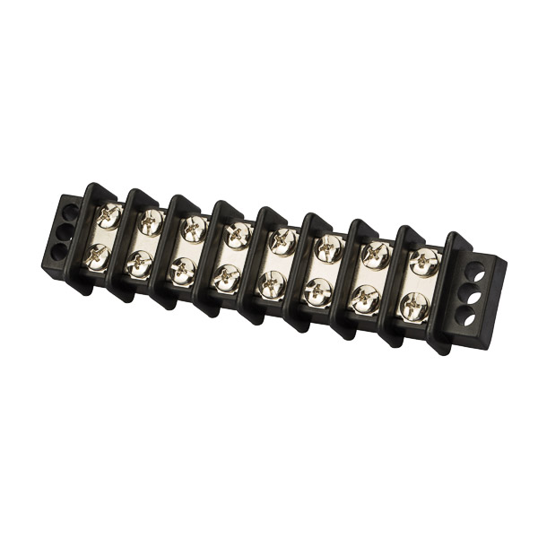 8 Circuit Double Row Terminal Block Terminal blocks are made from strong glass-filled polyester. Heavy duty construction with corrosion resistant terminal plates ensures dependable, easy access multiple termination block. Screws are #8 stud size. Rated for 30 amps and 600 volts maximum.