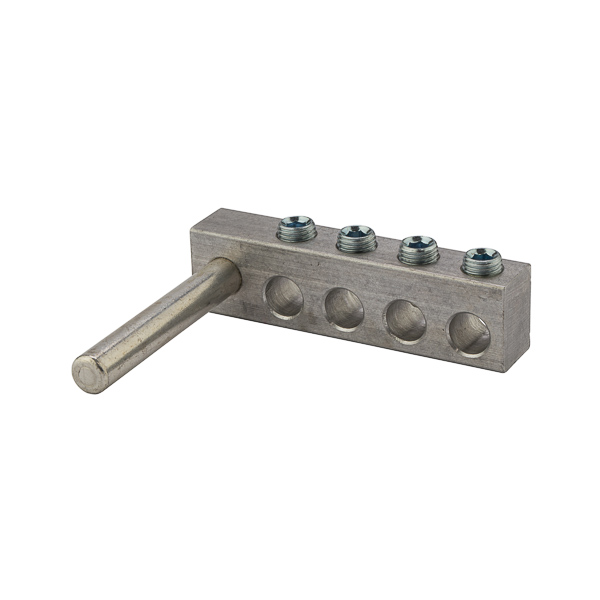 4 Port Aluminum Dual Rated Transformer Stud Connector 1/0-4 AWG Aluminum dual rated transformer stud connectors are versatile and reusable set screw connectors made from 6061T-6 aluminum alloy for superior electrical and mechanical performance. Clear plated for low contact resistance- stud is tin plated copper which provides low contact resistance for connection to transformer. For use with copper and aluminum conductors. Meets or exceeds ANSI C119.4 Class A. Rated 600V. Temperature rating 90 degrees C.