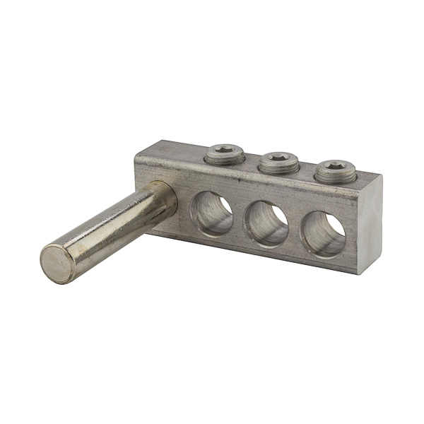 3 Port Aluminum Dual Rated Transformer Stud Connector 500 MCM - 4 AWG Aluminum dual rated transformer stud connectors are versatile and reusable set screw connectors made from 6061T-6 aluminum alloy for superior electrical and mechanical performance. Clear plated for low contact resistance- stud is tin plated copper which provides low contact resistance for connection to transformer. For use with copper and aluminum conductors. Meets or exceeds ANSI C119.4 Class A. Rated 600V. Temperature rating 90 degrees C.