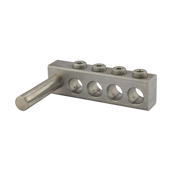 4 Port Aluminum Dual Rated Transformer Stud Connector 500 MCM - 4 AWG Aluminum dual rated transformer stud connectors are versatile and reusable set screw connectors made from 6061T-6 aluminum alloy for superior electrical and mechanical performance. Clear plated for low contact resistance- stud is tin plated copper which provides low contact resistance for connection to transformer. For use with copper and aluminum conductors. Meets or exceeds ANSI C119.4 Class A. Rated 600V. Temperature rating 90 degrees C.