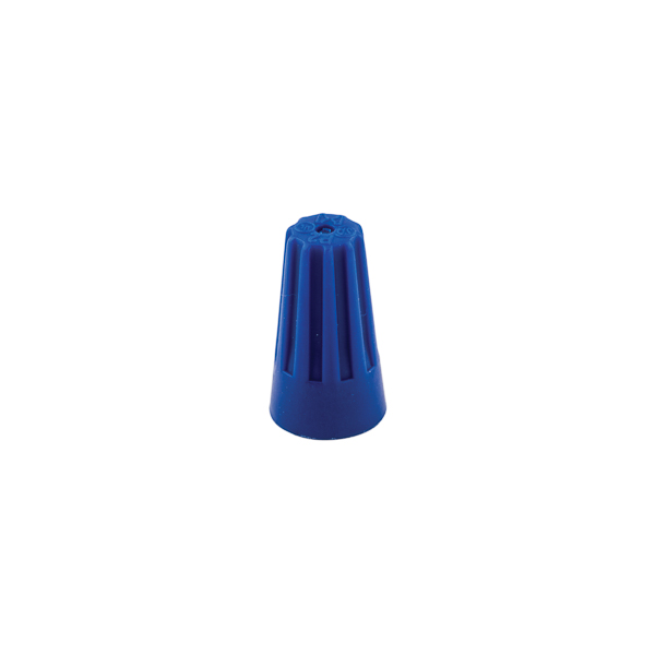 Easy-Twist Standard Twist-On Wire Connectors - Standard Blue Small Jar 22-14 AWG APPLICATIONS: Easy-Twist Standard Twist-On Wire Connectors have a flame retardant UL 94V-2 thermoplastic shell that provides excellent electrical insulation. They have a temperature rating of 221 degrees F (105 degrees C). Their fixed, precise square wire spring provides secure gripping of conductors. Their deep skirt entry provides protection from flashover and shorts. Sure-grip ribs improve gripping comfort. Compact design ensures proper installation - especially in tight spaces. Threaded funnel entry guides the wires into the connector easily. Pre-twisting of wires is not necessary. 1,000 volt maximum in fixtures and signs. UL 486C Listed Wire Connector. For Copper Wire Only.