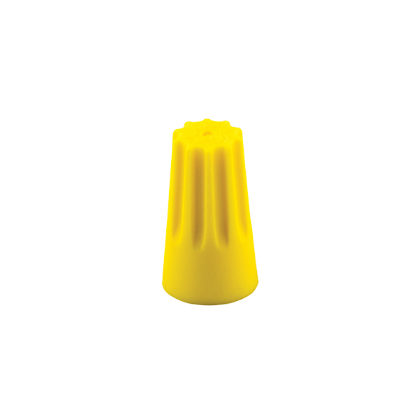 Easy-Twist Standard Twist-On Wire Connectors - Standard Yellow Carton 22-10 AWG- 100 Count APPLICATIONS: Easy-Twist Standard Twist-On Wire Connectors have a flame retardant UL 94V-2 thermoplastic shell that provides excellent electrical insulation. They have a temperature rating of 221 degrees F (105 degrees C). Their fixed, precise square wire spring provides secure gripping of conductors. Their deep skirt entry provides protection from flashover and shorts. Sure-grip ribs improve gripping comfort. Compact design ensures proper installation - especially in tight spaces. Threaded funnel entry guides the wires into the connector easily. Pre-twisting of wires is not necessary. 1,000 volt maximum in fixtures and signs. UL 486C Listed Wire Connector. For Copper Wire Only.