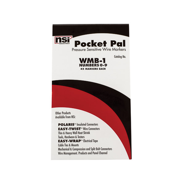 Pocket Pal Wire Marker Book with vinyl impregnated cloth nd strong adhesive for lasting labeling. Black legend on white background, 450 wire markers. Legend: 0-9