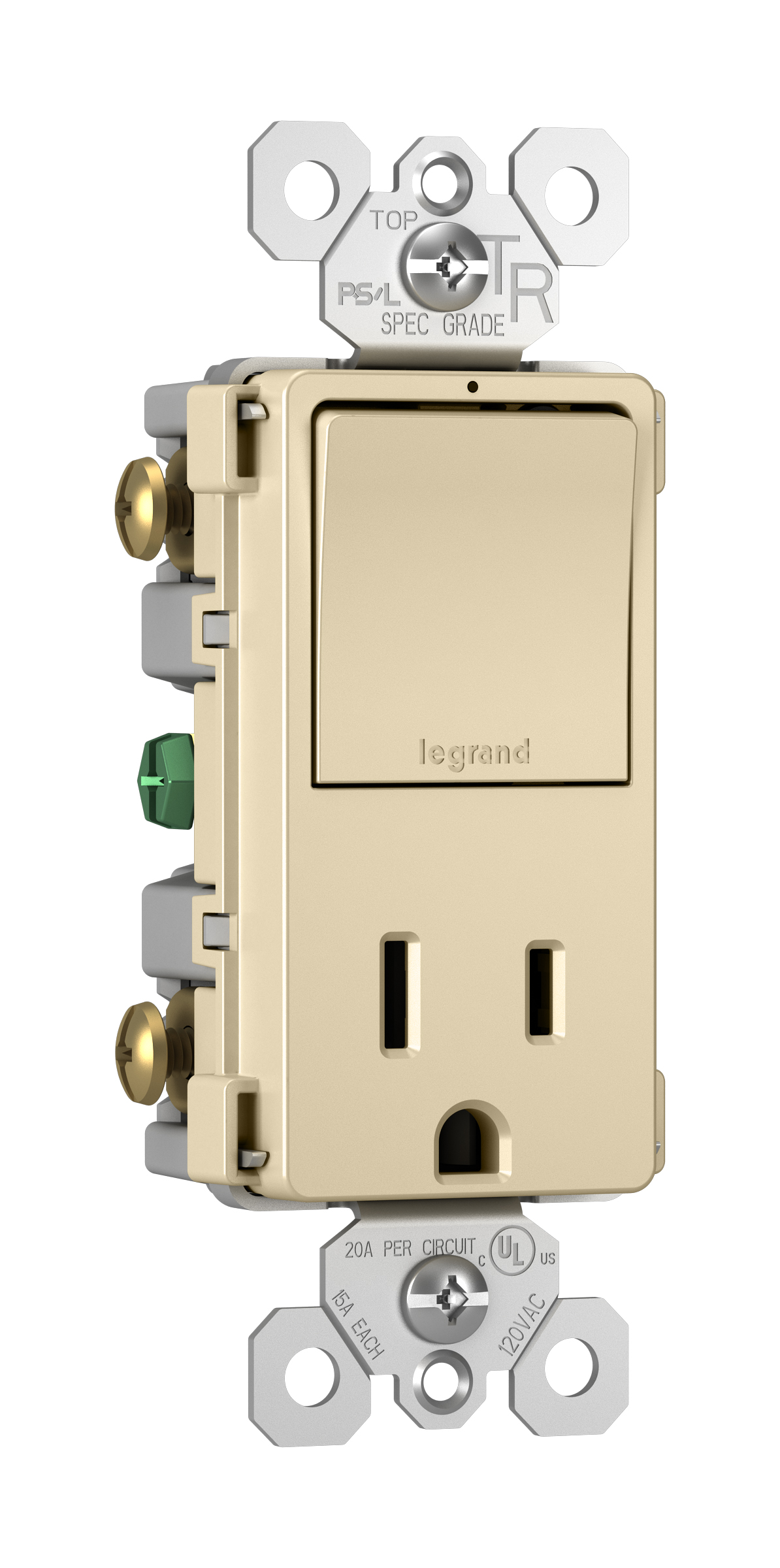 Product image for Pass & Seymour RCD38TRI Combination Single Pole/3-Way Switch & Tamper Resistant Receptacle, 15A 120/125V - Ivory