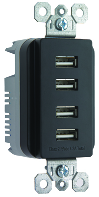 Product image for Pass & Seymour TM8USB4-BKCC6 125 Volt 5 VDC 4.2 Amp 4-Port 1.693 x 1.33 x 3.281 Inch Black Decorator Quad USB Charger