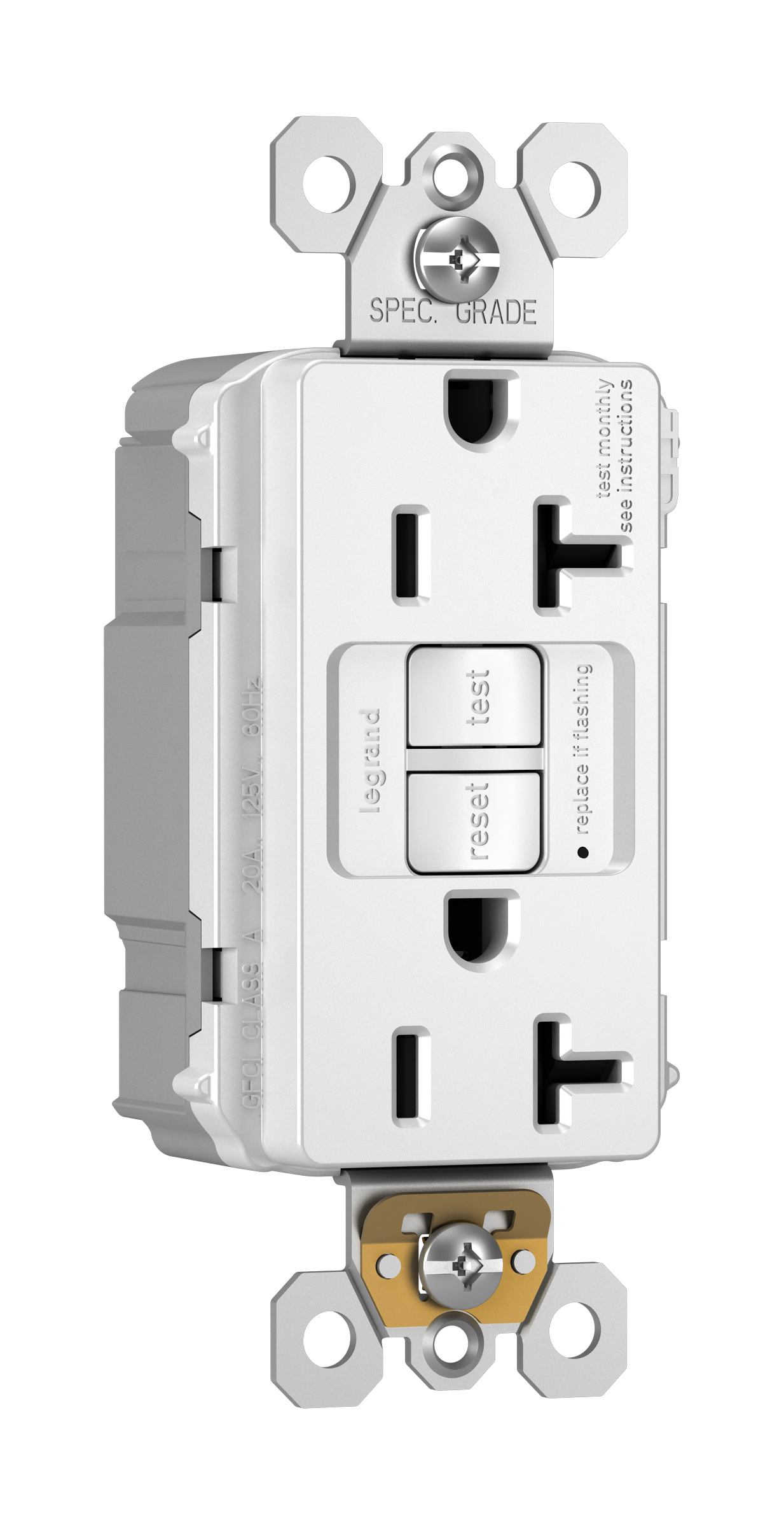 Product image for Pass & Seymour PT2097-TRW 20A 125V Spec-Grade Tamper-Resistant Self-Test GFCI Receptacle - White
