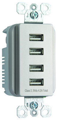 Pass & Seymour TM8USB4NICC6 125 Volt 5 VDC 4.2 Amp 4-Port 1.693 x 1.33 x 3.281 Inch Nickel Decorator Quad USB Charger