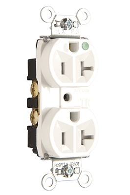 Product image for Pass & Seymour TR-8300HW 20 Amp 125 VAC 2-Pole 3-Wire NEMA 5-20R White Nylon Tamper-Resistant Duplex Receptacle