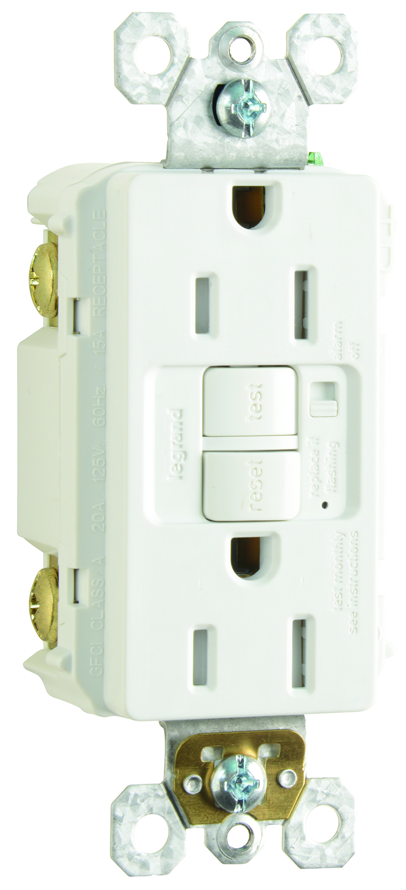 Product image for Pass & Seymour 1597-TRAW 15 Amp 125 VAC 2-Pole 3-Wire NEMA 5-15R White Thermoplastic Audible Alarm Self-Test GFCI Receptacle