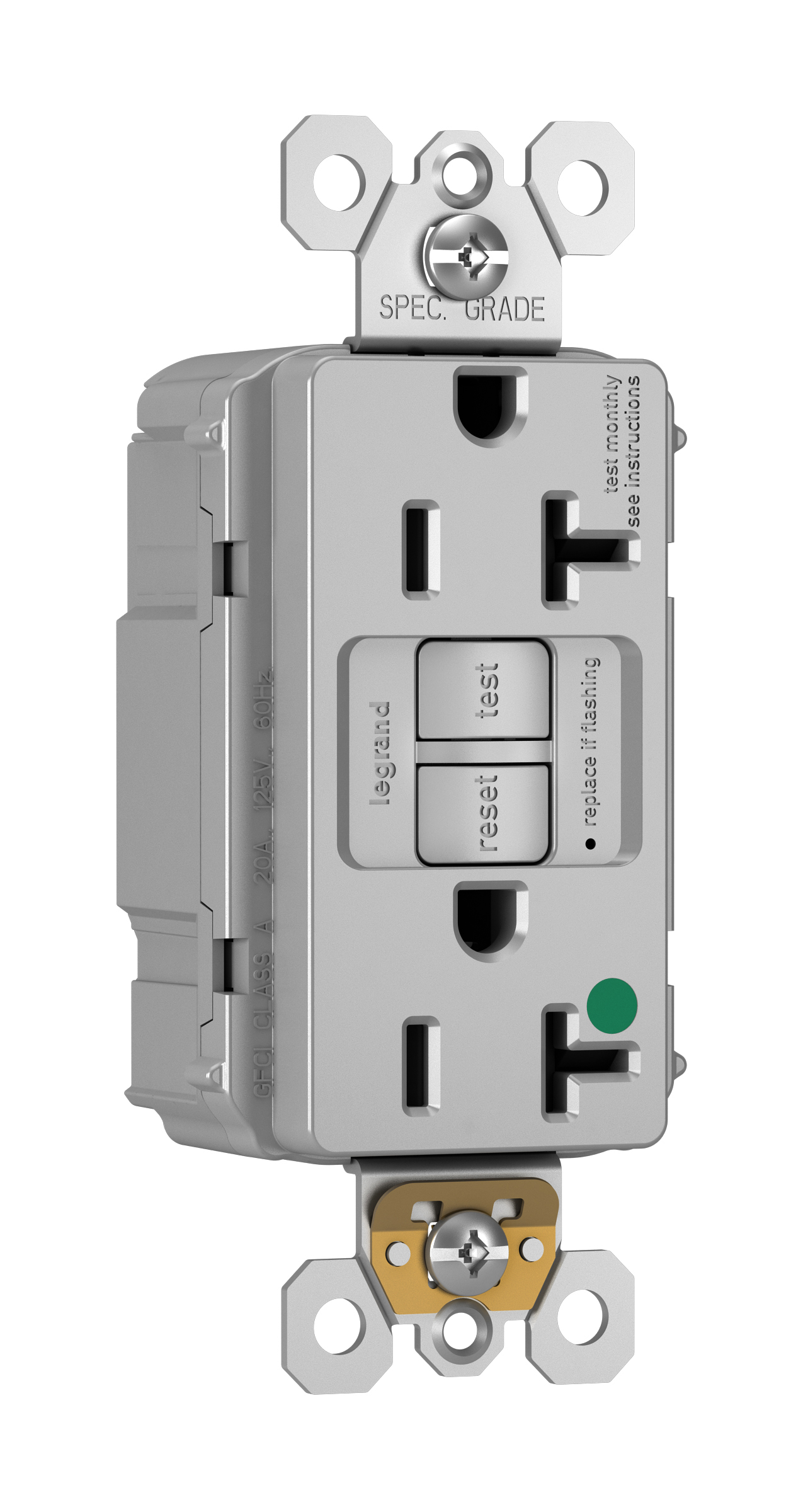 Product image for Pass & Seymour PT2097-HGGRY 20A 125V Plugtail Self-Test GFCI Duplex Receptacle, Hospital Grade - Gray