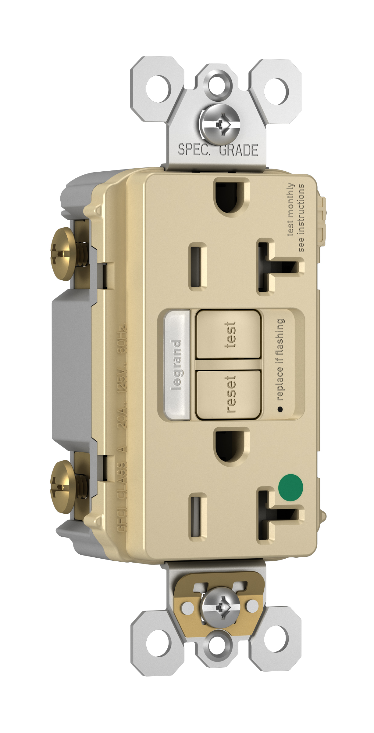 Product image for Pass & Seymour 2097-HGNTLTRI Hospital-Grade Combination Tamper Resistant 20 Amp Ivory Self Test Night Light/GFCI