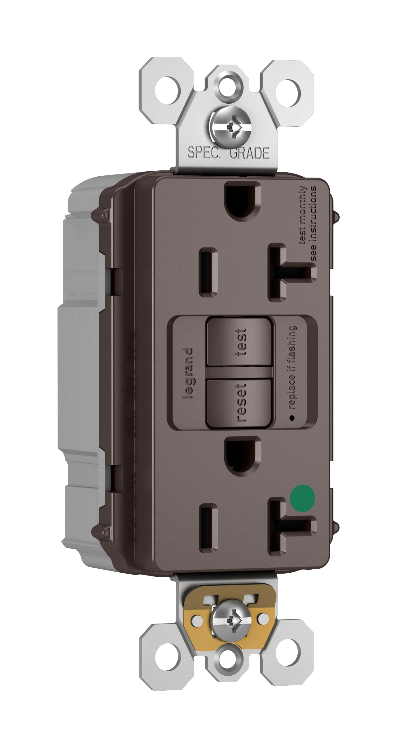 Product image for Pass & Seymour PT2097-HG 20A 125V Plugtail Self-Test GFCI Duplex Receptacle, Hospital Grade - Brown