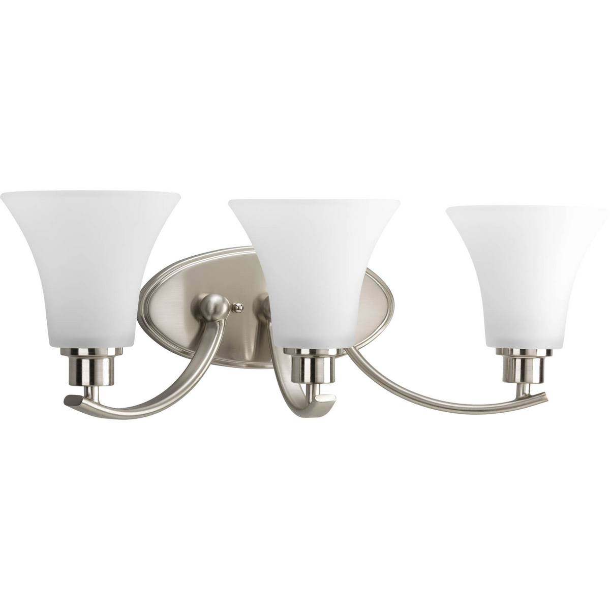 Gleeful simplicity defines the Joy Collection. Refreshing and fashionable, arcing forms of metal and fluted glass shades are enhanced by a classic Brushed Nickel finish. Three white etched glass complete the look and allows you to coordinate well with other fixtures from this collection. Bring joy into your heart and into your home with this wonderful three-light bath fixture.