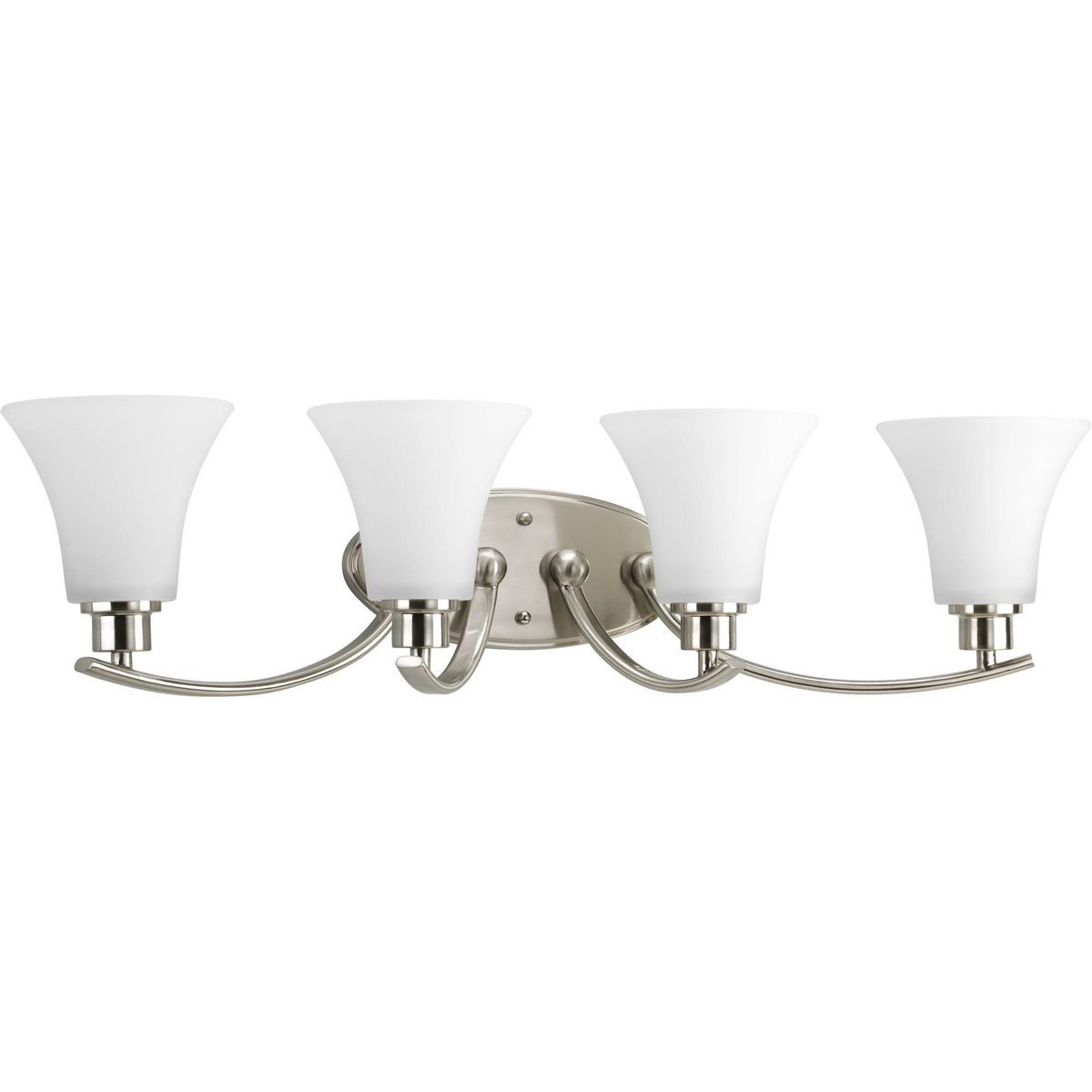 Gleeful simplicity defines the Joy Collection. Refreshing and fashionable, arcing forms of metal and fluted glass shades are enhanced by a classic Brushed Nickel finish. Four white etched glass complete the look and allows you to coordinate well with other fixtures from this collection. Bring joy into your heart and into your home with this wonderful four-light bath fixture.