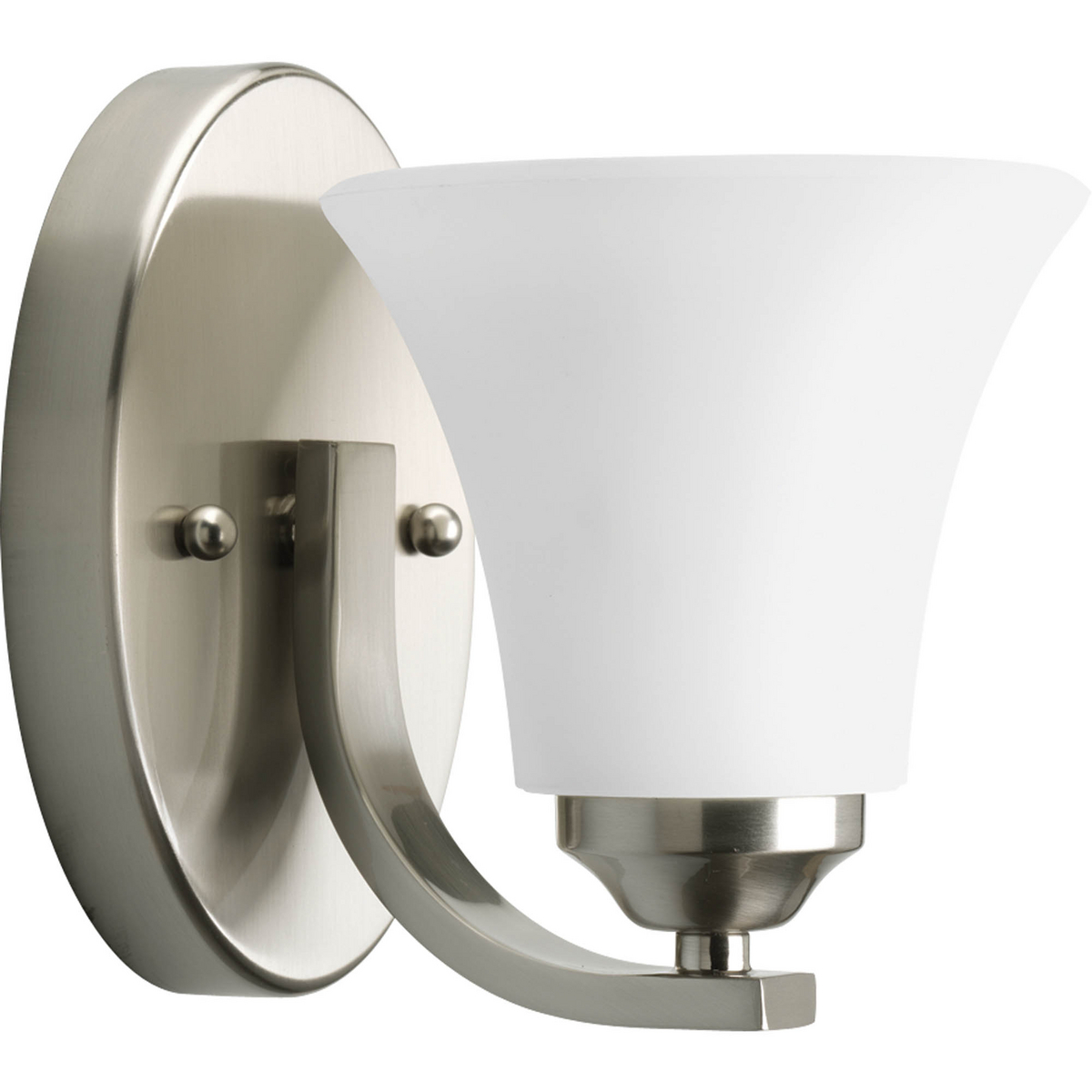 Adorn features a sweeping arched arm that supports elegant, tapered glass shade. This one-light bath fixture is finished in Brushed Nickel with etched glass. It can be installed with shades facing either up or downwards. Adorn coordinates great with the Joy and Bravo families.