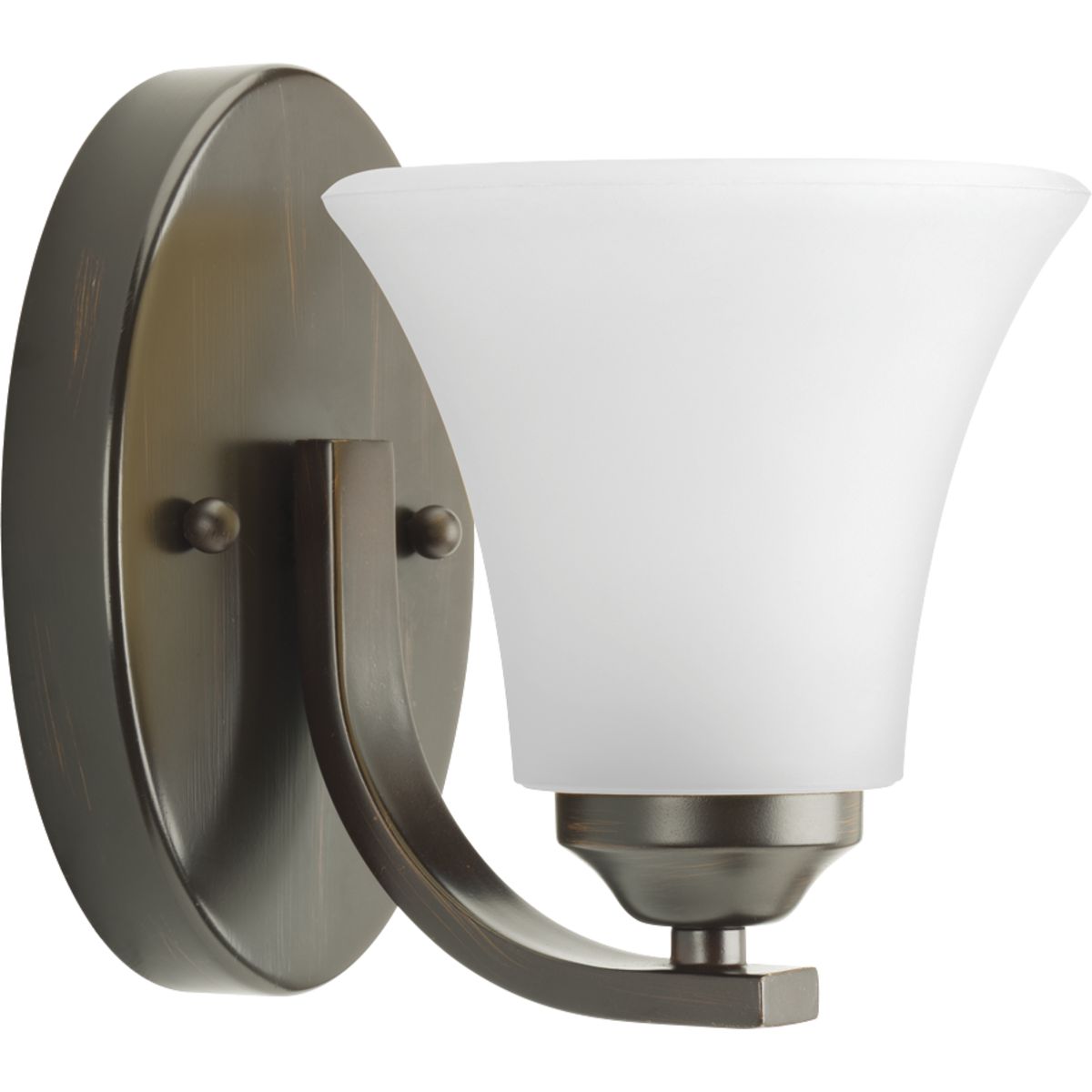 Adorn features a sweeping arced arm that supports elegant, tapered glass shade. This one-light bath fixture is finished in Antique Bronze with etched glass. It can be installed with shades facing either up or downwards. Adorn coordinates great with the Joy and Bravo families.