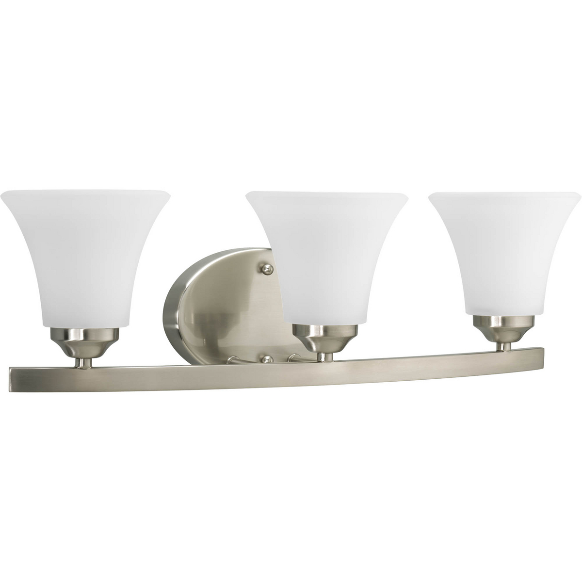 Adorn features a sweeping arced frame that supports elegant, tapered glass shades. This three-light bath fixture is finished in Brushed Nickel with etched glass. It can be installed with shades facing either up or downwards. Adorn coordinates great with the Joy and Bravo families.
