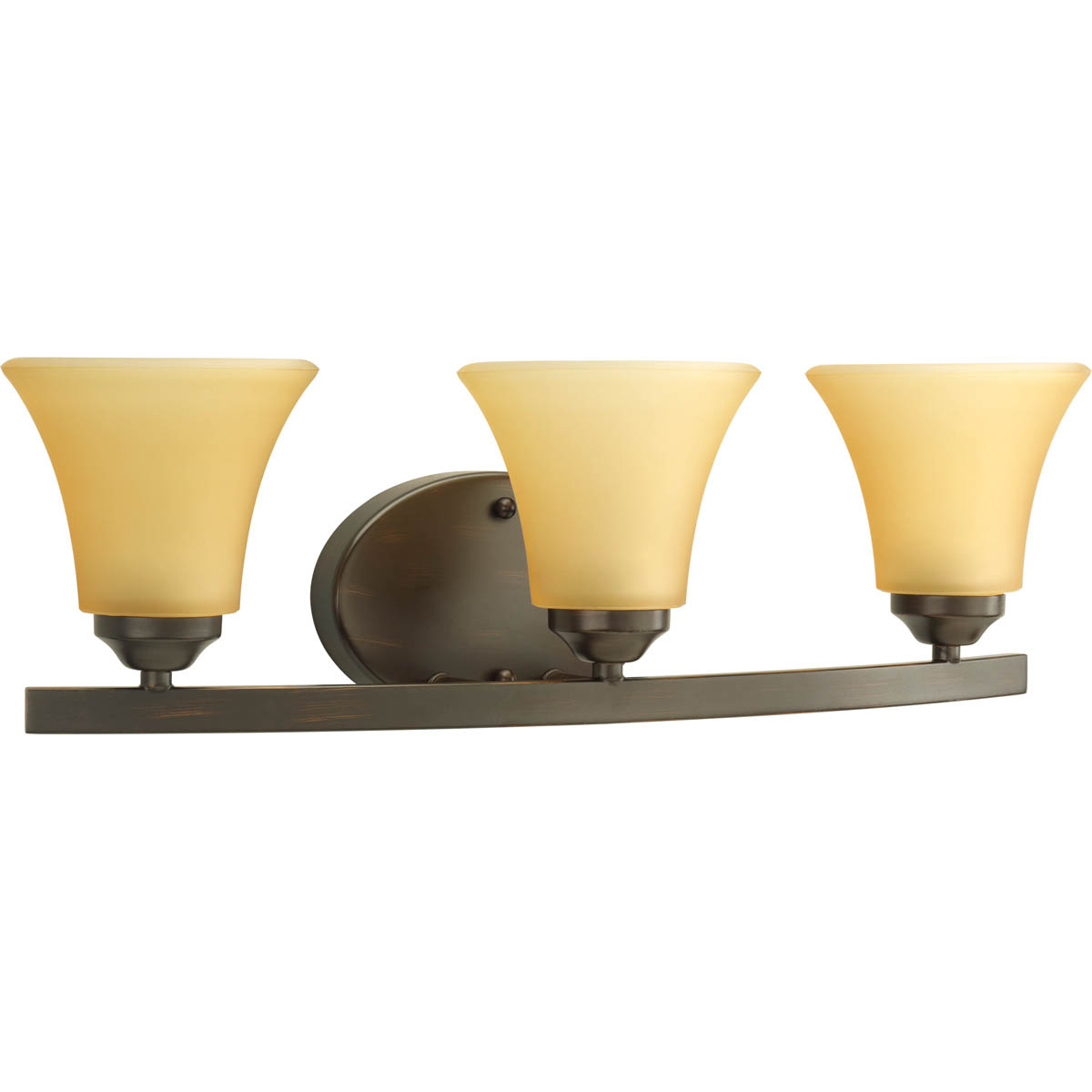 Adorn features a sweeping arced frame that supports elegant, tapered glass shades. This three-light bath fixture is finished in Antique Bronze with etched umber glass. It can be installed with shades facing either up or downwards. Adorn coordinates great with the Joy and Bravo families.