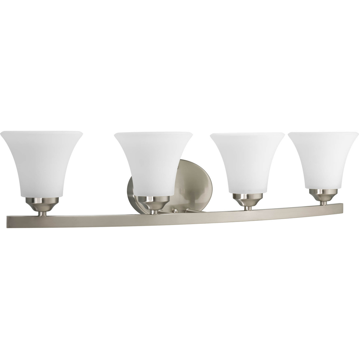 Adorn features a sweeping arced frame that supports elegant, tapered glass shades. This four-light bath fixture is finished in Brushed Nickel with etched glass. It can be installed with shades facing either up or downwards. Adorn coordinates great with the Joy and Bravo families.