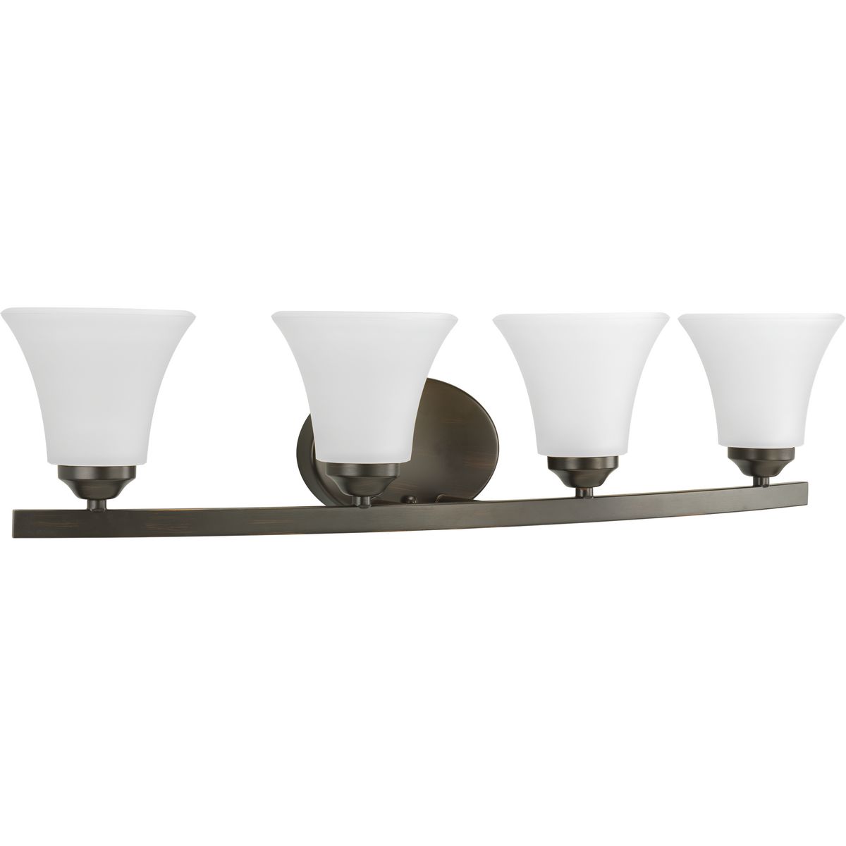 Adorn features a sweeping arced frame that supports elegant, tapered glass shades. This four-light bath fixture is finished in Antique Bronze with etched glass. It can be installed with shades facing either up or downwards. Adorn coordinates great with the Joy and Bravo families.