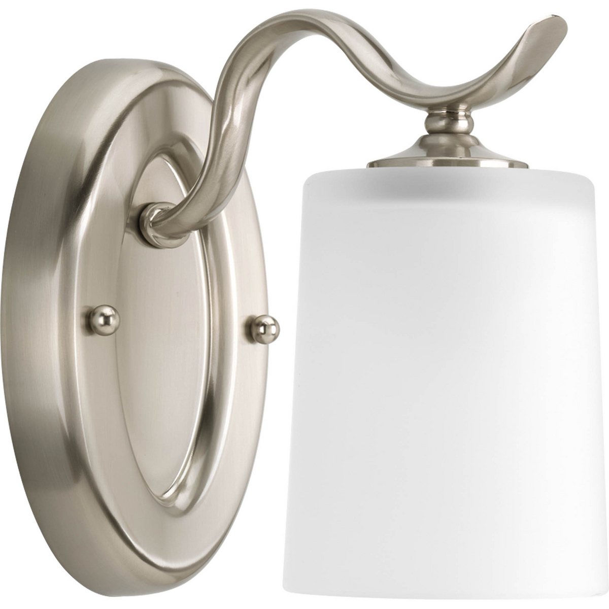 Harkening back to a simpler time, the Inspire Collection freshens traditional forms with flowing lines. One delicate Brushed Nickel oval metal arm gracefully breezes over and supports an etched glass shade. Uniquely designed one-light fixture can create different looks as its versatility allows it to be mounted up or down.