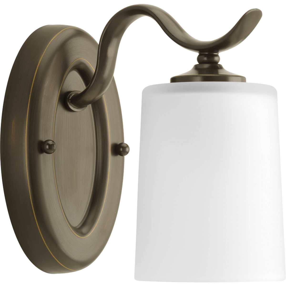 Harkening back to a simpler time, the Inspire Collection freshens traditional forms with flowing lines. One delicate Antique Bronze oval metal arm gracefully breezes over and supports an etched glass shade. Uniquely designed one-light fixture can create different looks as its versatility allows it to be mounted up or down.
