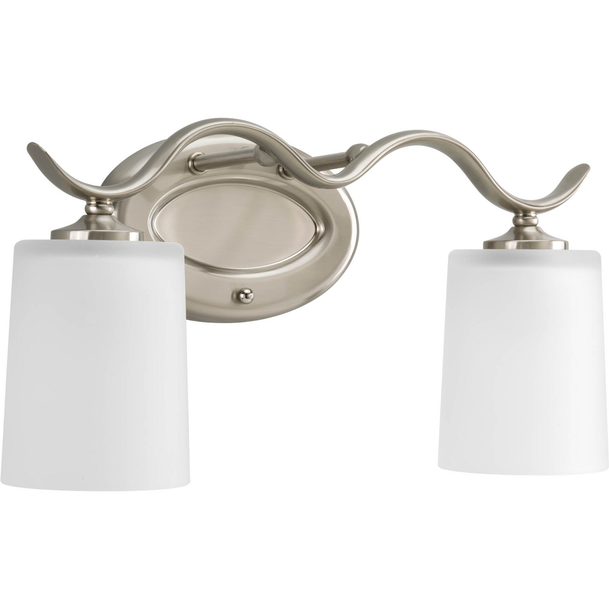Harkening back to a simpler time, the Inspire Collection freshens traditional forms with flowing lines. Brushed Nickel oval metal arms gracefully breeze over and support etched glass shades. Uniquely designed two-light fixture can create different looks as its versatility allows it to be mounted up or down.