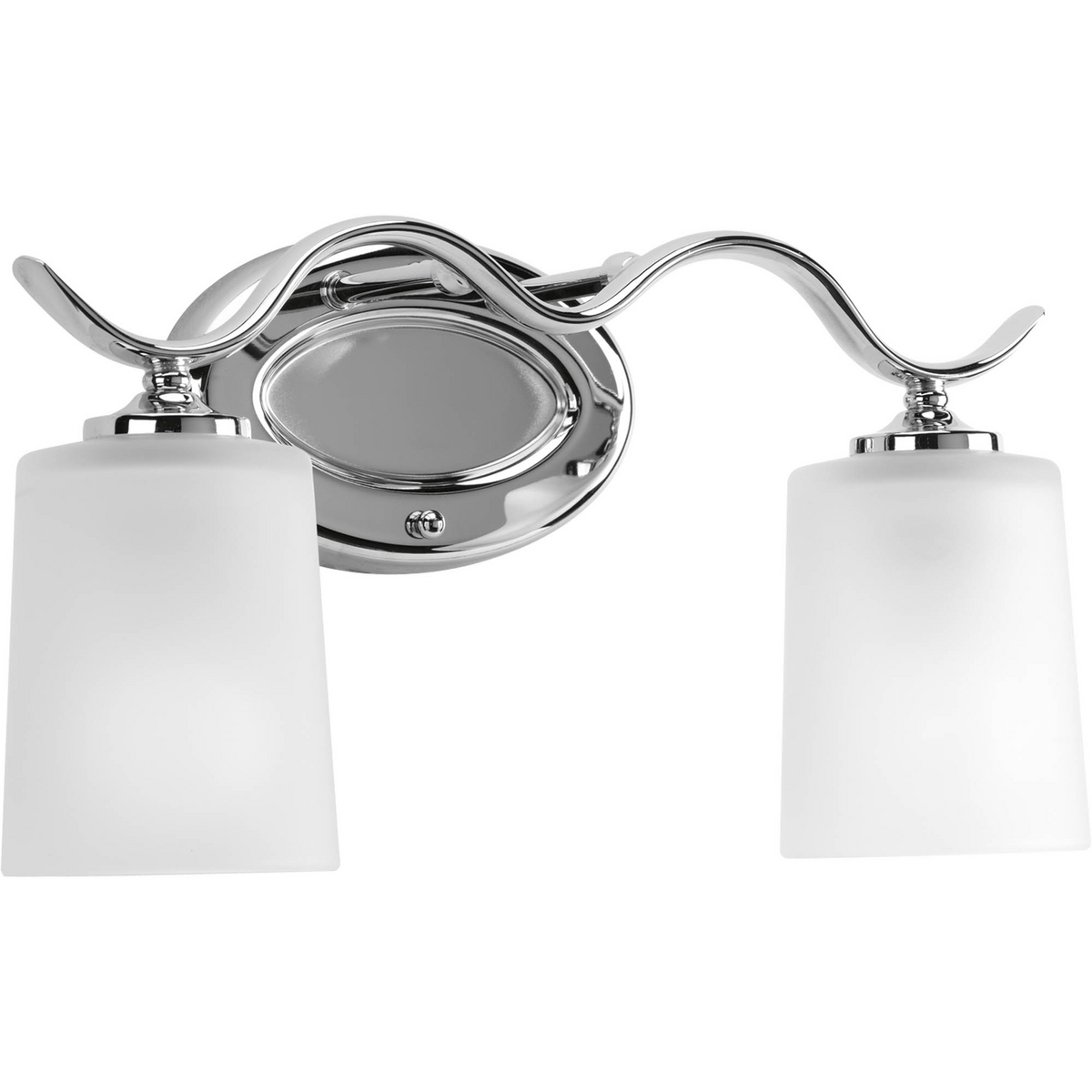 Harkening back to a simpler time, the Inspire Collection freshens traditional forms with flowing lines. Chrome oval metal arms gracefully breeze over and support etched glass shades. Uniquely designed two-light fixture can create different looks as its versatility allows it to be mounted up or down.