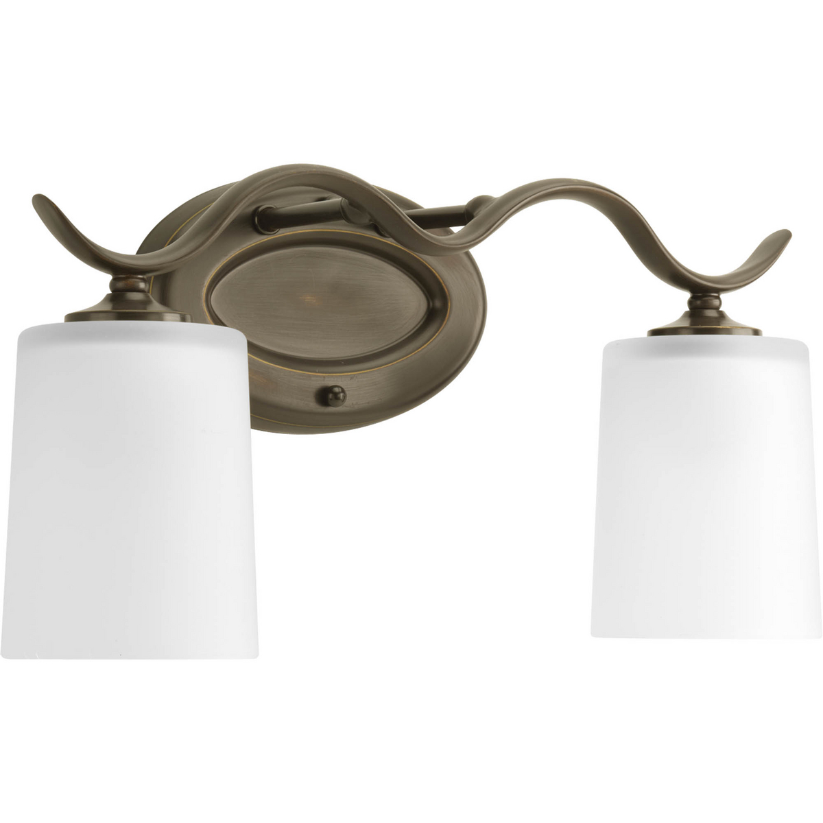 Harkening back to a simpler time, the Inspire Collection freshens traditional forms with flowing lines. Antique Bronze oval metal arms gracefully breeze over and support etched glass shades. Uniquely designed two-light fixture can create different looks as its versatility allows it to be mounted up or down.