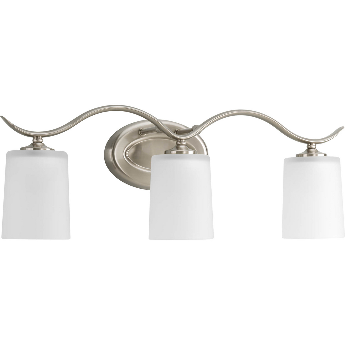 Harkening back to a simpler time, the Inspire Collection freshens traditional forms with flowing lines. Brushed Nickel oval metal arms gracefully breeze over and support etched glass shades. Uniquely designed three-light fixture can create different looks as its versatility allows it to be mounted up or down.