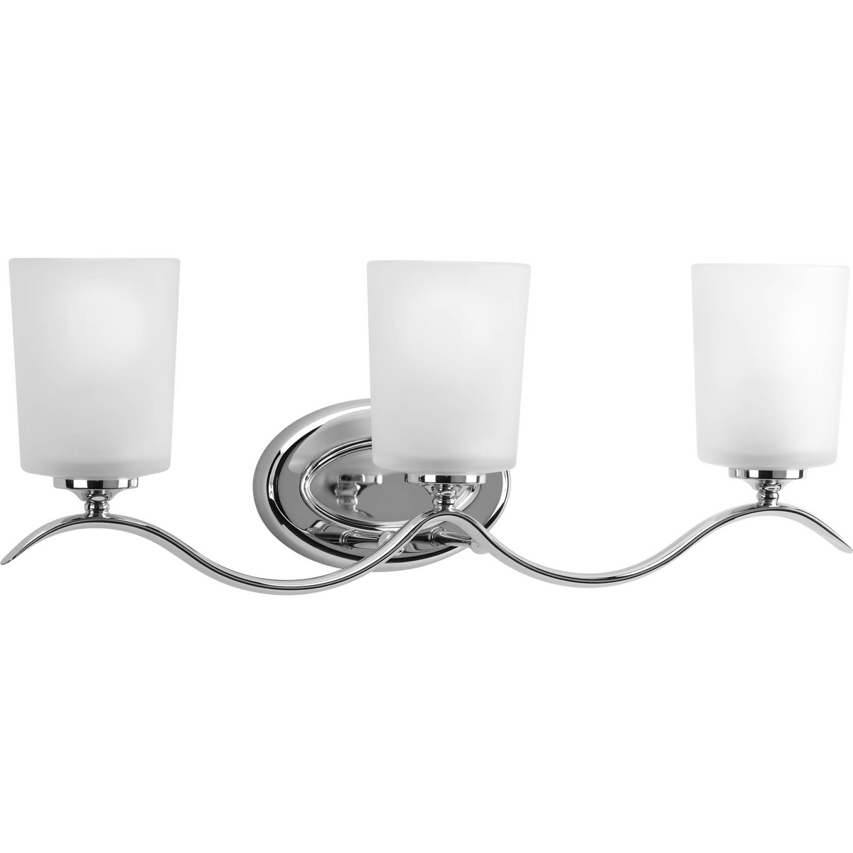 Harkening back to a simpler time, the Inspire Collection freshens traditional forms with flowing lines. Chrome oval metal arms gracefully breeze over and support etched glass shades. Uniquely designed three-light fixture can create different looks as its versatility allows it to be mounted up or down.