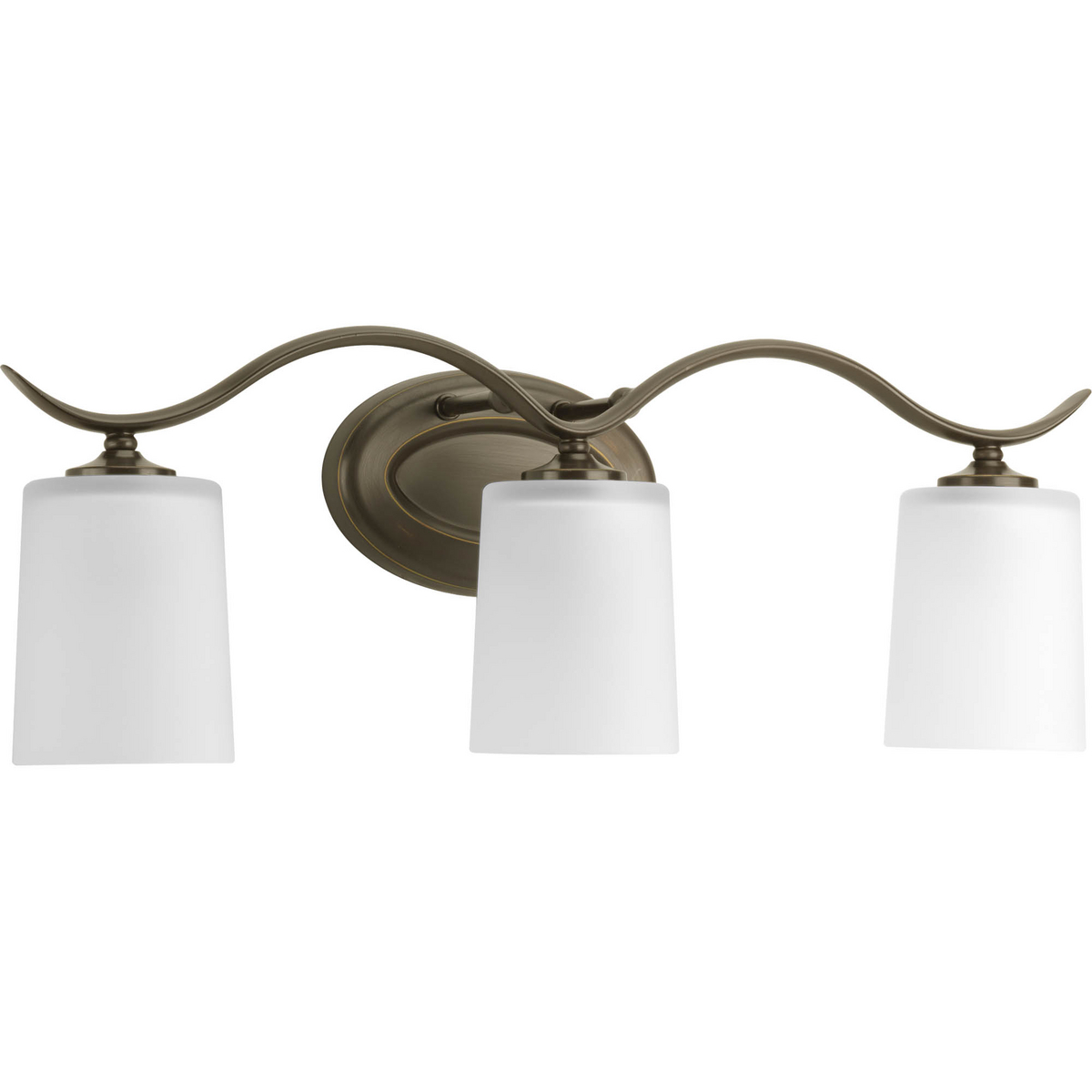 Harkening back to a simpler time, the Inspire Collection freshens traditional forms with flowing lines. Antique Bronze oval metal arms gracefully breeze over and support etched glass shades. Uniquely designed three-light fixture can create different looks as its versatility allows it to be mounted up or down.
