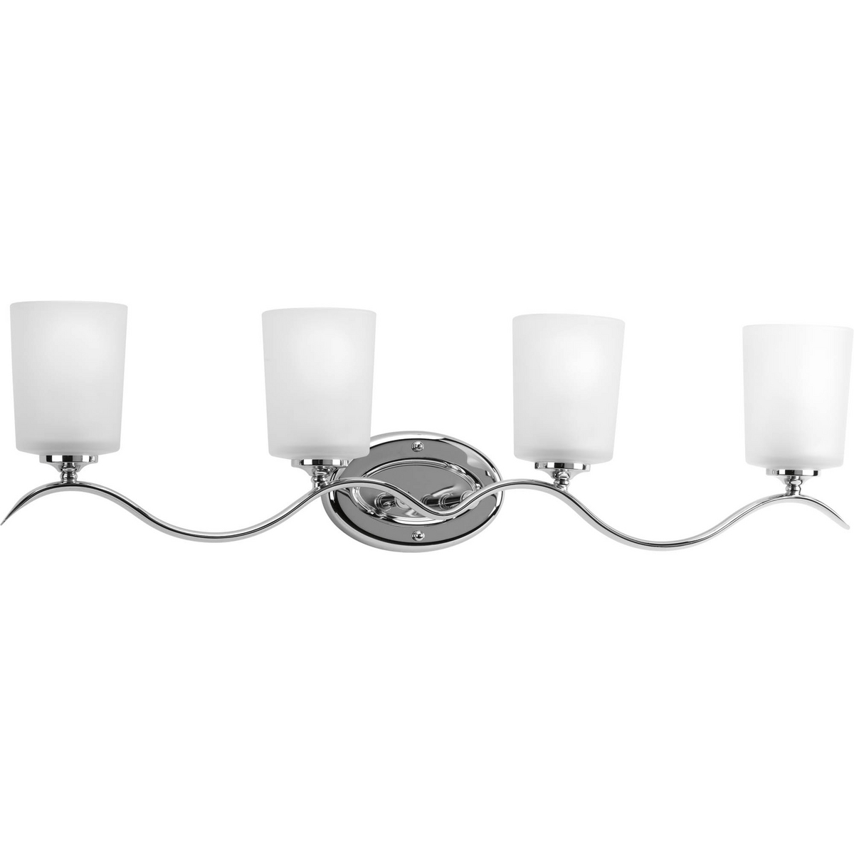 Harkening back to a simpler time, the Inspire Collection freshens traditional forms with flowing lines. Chrome oval metal arms gracefully breeze over and support etched glass shades. Uniquely designed four-light fixture can create different looks as its versatility allows it to be mounted up or down.