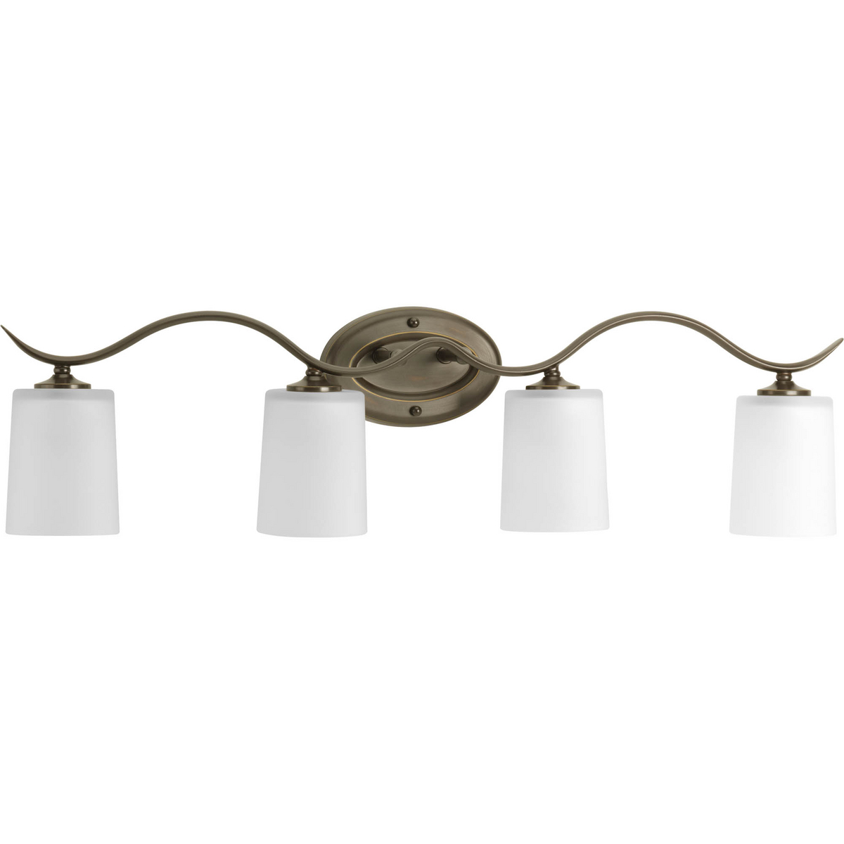 Harkening back to a simpler time, the Inspire Collection freshens traditional forms with flowing lines. Antique Bronze oval metal arms gracefully breeze over and support etched glass shades. Uniquely designed four-light fixture can create different looks as its versatility allows it to be mounted up or down.