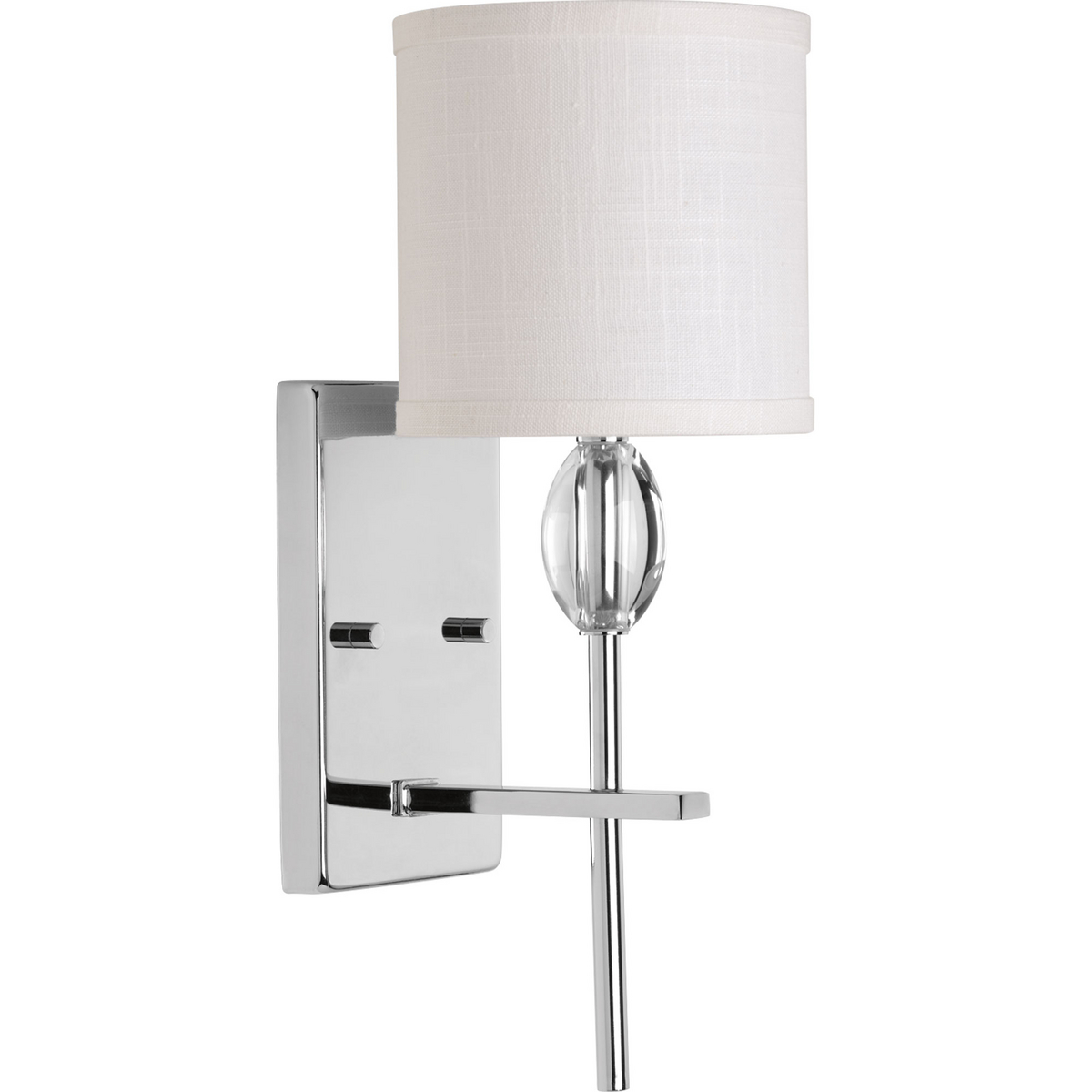 Enjoy high status with a collection full of fun, femininity, glimmer and glean. Status can excite the room as K9 glass accents offer a crystal-like clarity. Off-White fabric shade is matched perfectly with the polished chrome finish completing the one-light wall sconce with a sophisticated look.
