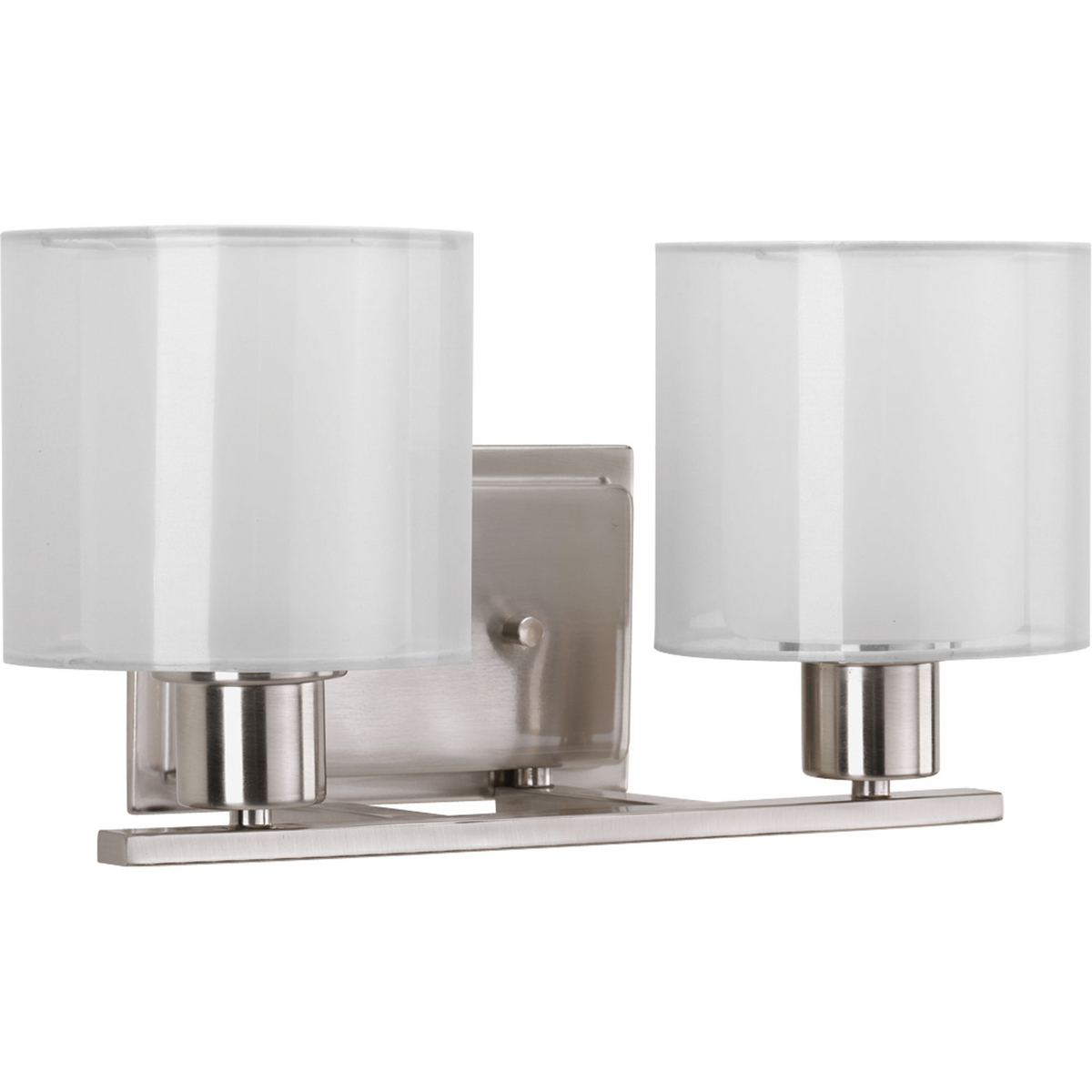 Invite the beauty of light into your home with this Brushed Nickel two-light bath fixture. Invite provides a welcoming silhouette with a unique shade comprised of an inner glass globe encircled by a translucent sheer Mylar shade. The rich, layering effect creates a dreamy look that is both elegant and modern. Offered as a complete collection, the Invite styling can be carried throughout your home or as a focal style in a special room.