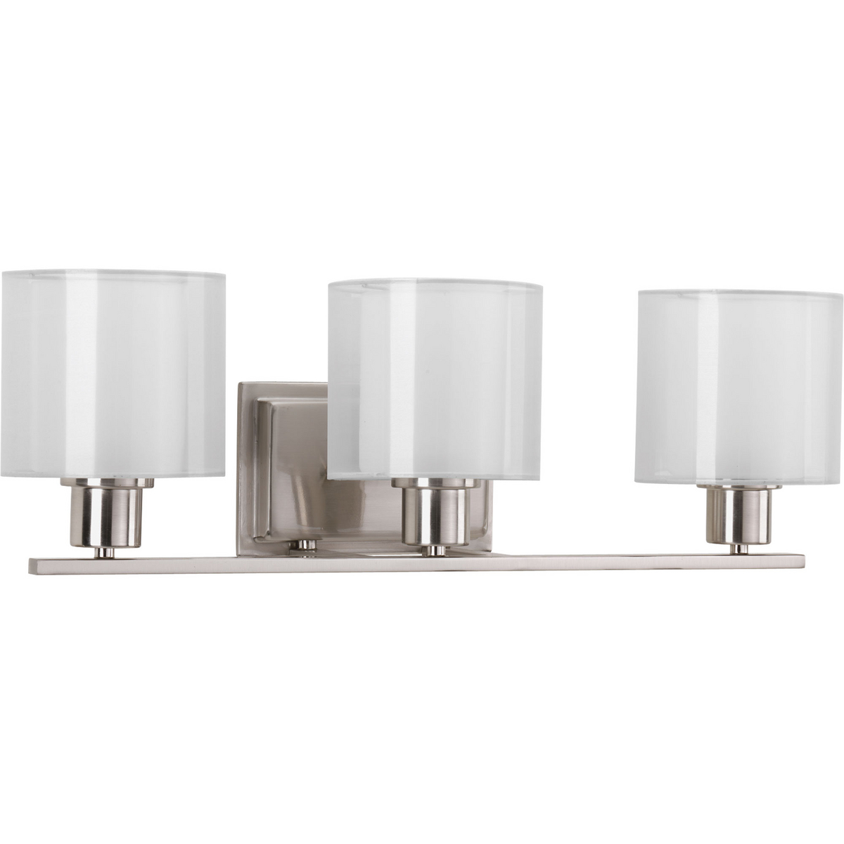 Invite the beauty of light into your home with this Brushed Nickel three-light bath fixture. Invite provides a welcoming silhouette with a unique shade comprised of an inner glass globe encircled by a translucent sheer Mylar shade. The rich, layering effect creates a dreamy look that is both elegant and modern. Offered as a complete collection, the Invite styling can be carried throughout your home or as a focal style in a special room.