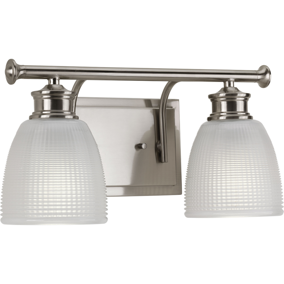 Two-light bath from the Lucky Collection, with a distinctive design that evokes a vintage flair with finely crafted details. Light is beautifully illuminated through double prismatic frosted glass shades. Brushed Nickel finish.