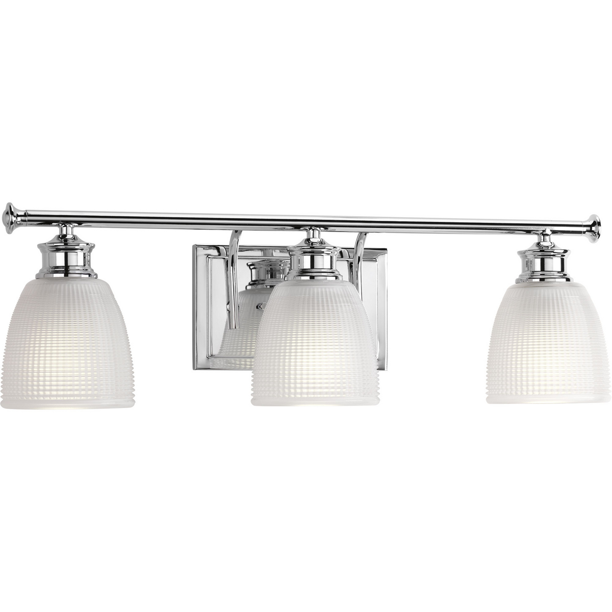 Three-light bath from the Lucky Collection, with a distinctive design that evokes a vintage flair with finely crafted details. Light is beautifully illuminated through double prismatic frosted glass shades. Polished Chrome finish.