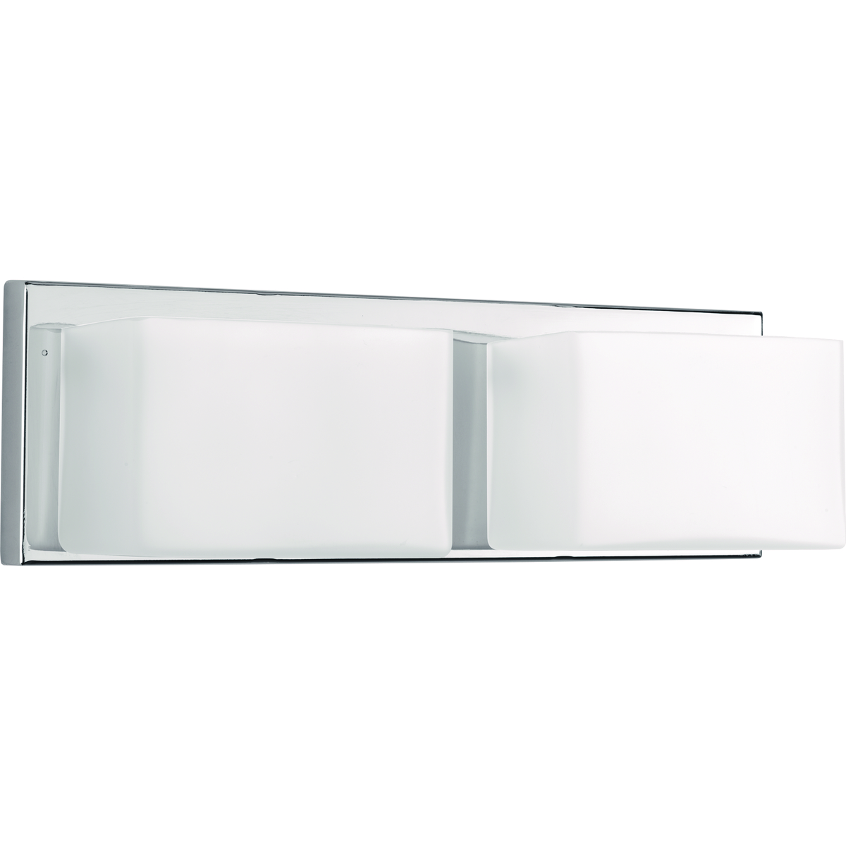 Two-Light LED modern wall fixture in Polished Chrome with geometric frosted glass shades and a replaceable LED module. This modern fixture is perfect for the bathroom. 3000K color temperature and 90 plus CRI.