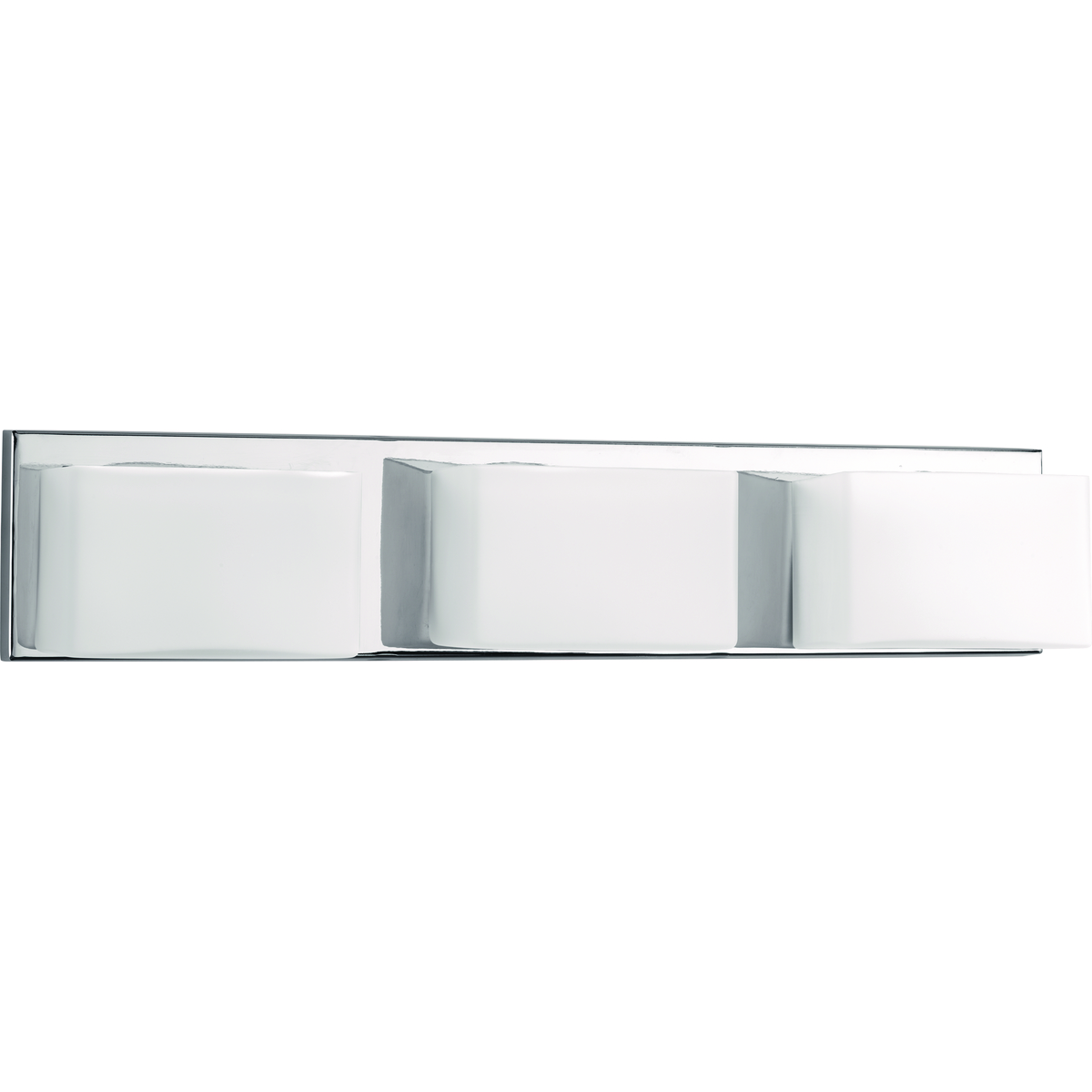 Three-Light LED modern wall fixture in Polished Chrome with geometric frosted glass shades and a replaceable LED module. This modern fixture is perfect for the bathroom. 3000K color temperature and 90 plus CRI.