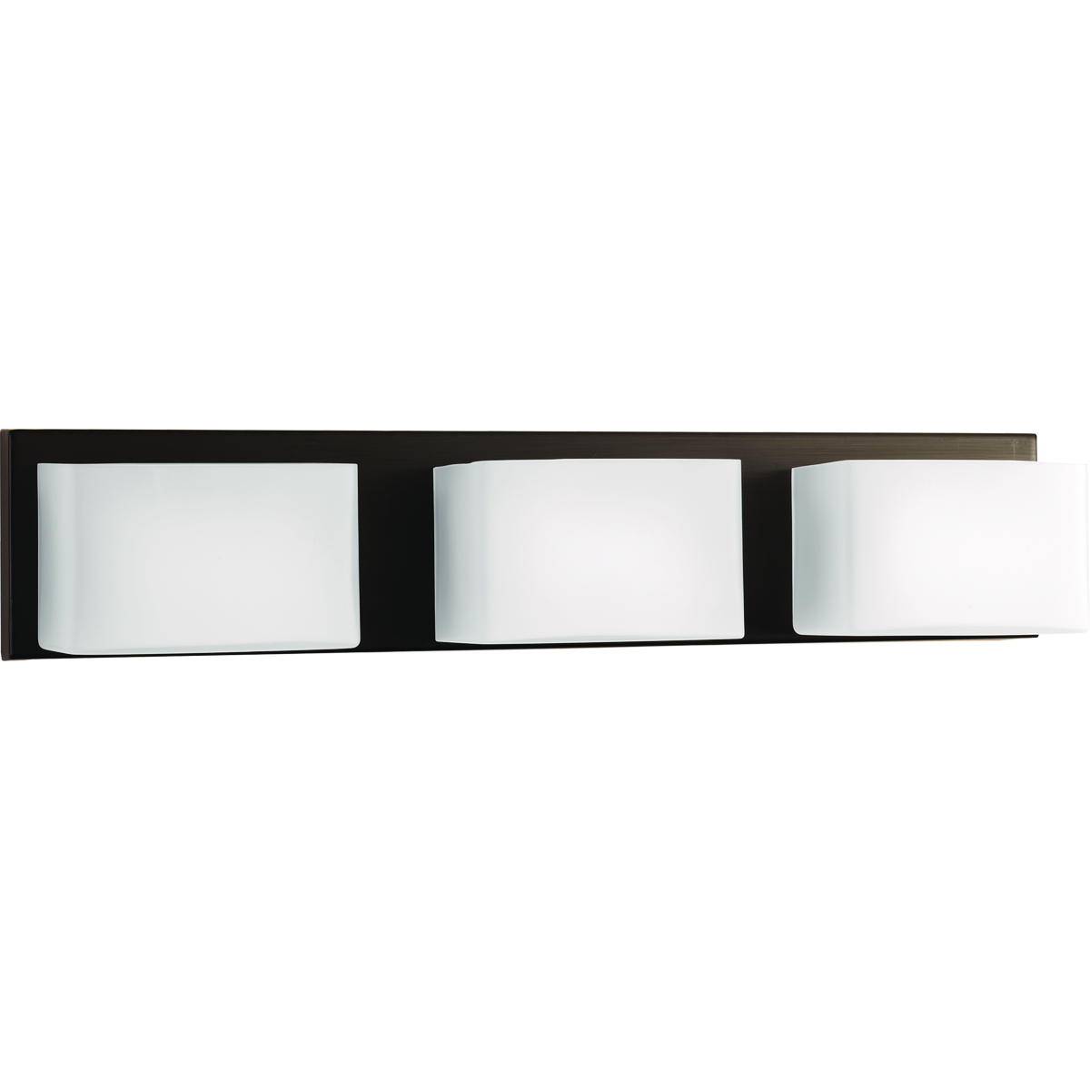 Three-Light LED modern wall fixture in Antique Bronze with geometric frosted glass shades and a replaceable LED module. This modern fixture is perfect for the bathroom. 3000K color temperature and 90 plus CRI.