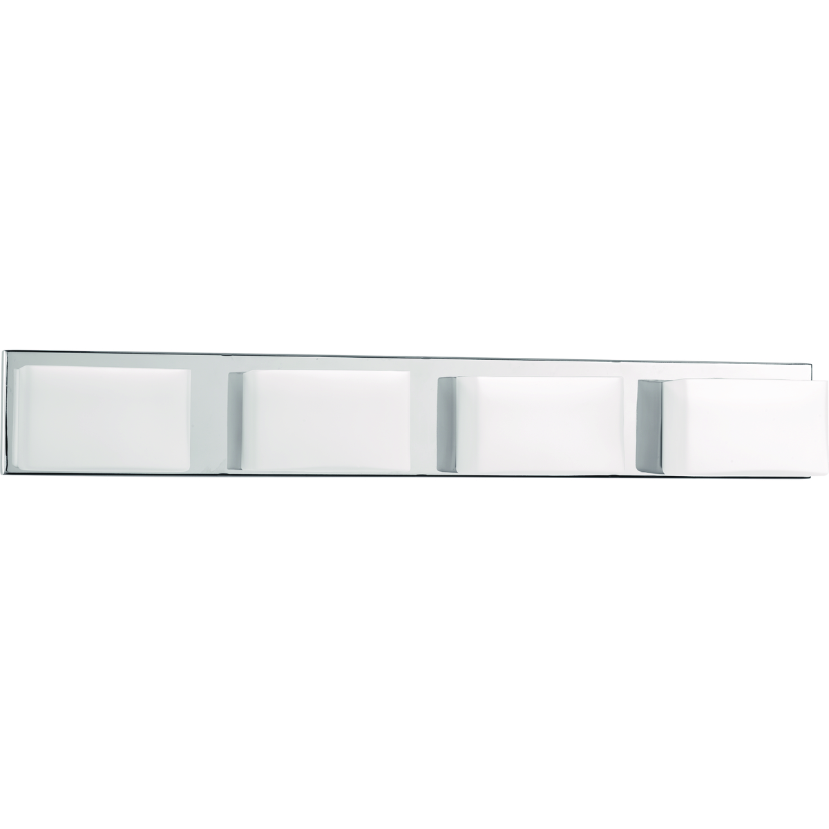 Four-Light LED modern wall fixture in Polished Chrome with geometric frosted glass shades and a replaceable LED module. This modern fixture is perfect for the bathroom. 3000K color temperature and 90 plus CRI.