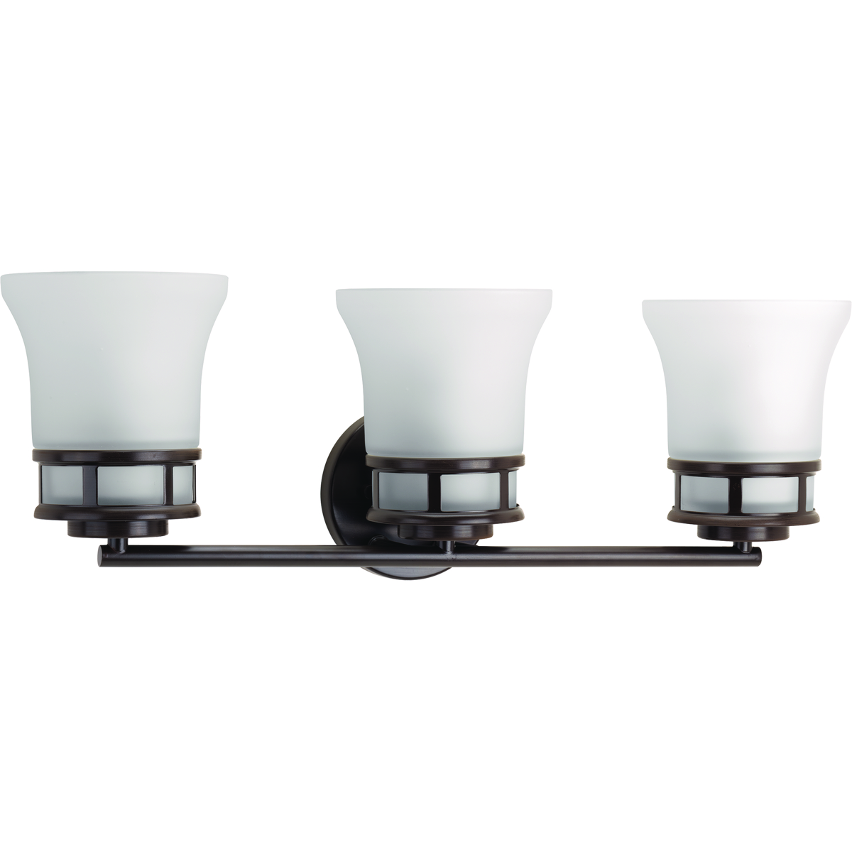 Three-light bath & vanity with smooth forms and windowpane style gallery that produce a beautiful, modern gas light effect. Overscaled tubing and etched glass shades offer substance within the sleek frame. Can be mounted up or down. Antique Bronze finish.