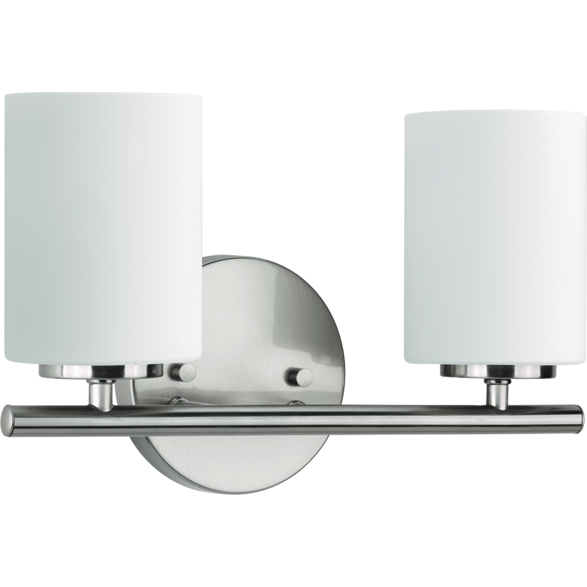 Two-light bath & vanity from the Replay Collection, smooth forms, linear details and a pleasingly elegant frame enhance a simplified modern look. Fixture can be mounted up or down. Brushed Nickel finish.
