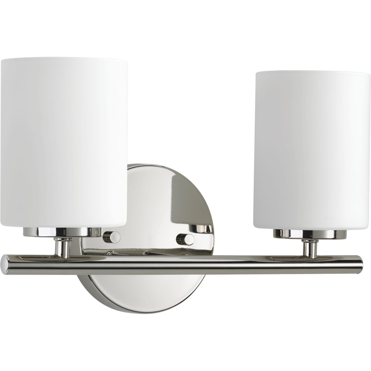 Two-light bath & vanity from the Replay Collection, smooth forms, linear details and a pleasingly elegant frame enhance a simplified modern look. Fixture can be mounted up or down. Polished Nickel finish.