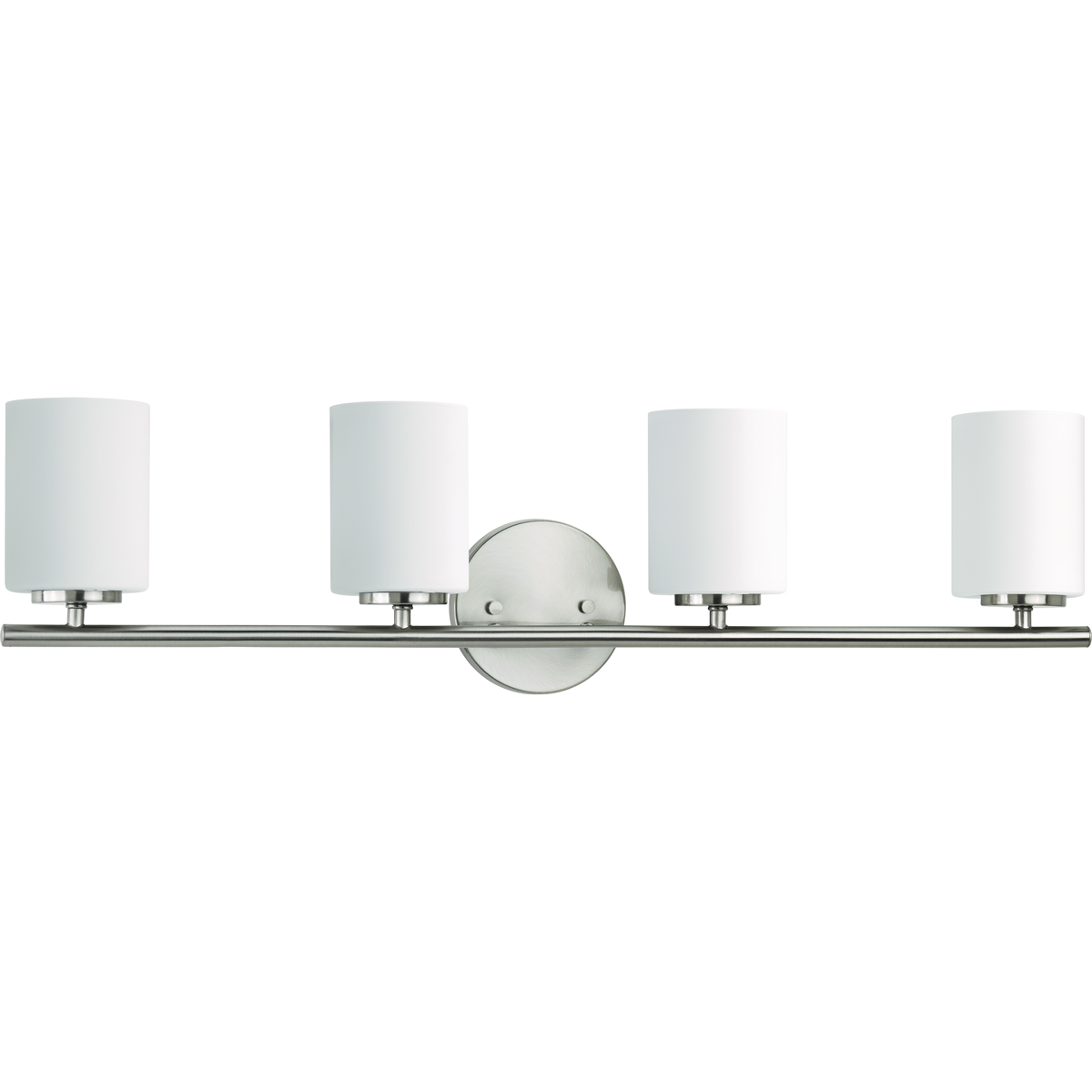 Four-light bath & vanity from the Replay Collection, smooth forms, linear details and a pleasingly elegant frame enhance a simplified modern look. Fixture can be mounted up or down. Brushed Nickel finish.